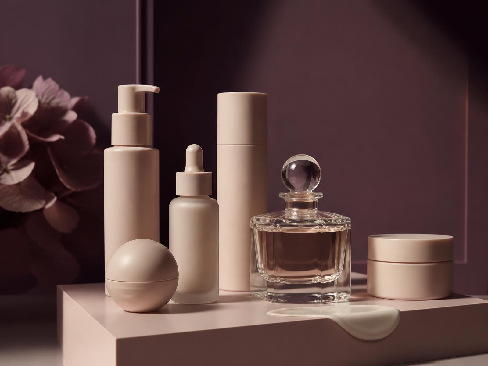 Composição editorial de frascos cosméticos e perfume sobre plinto claro