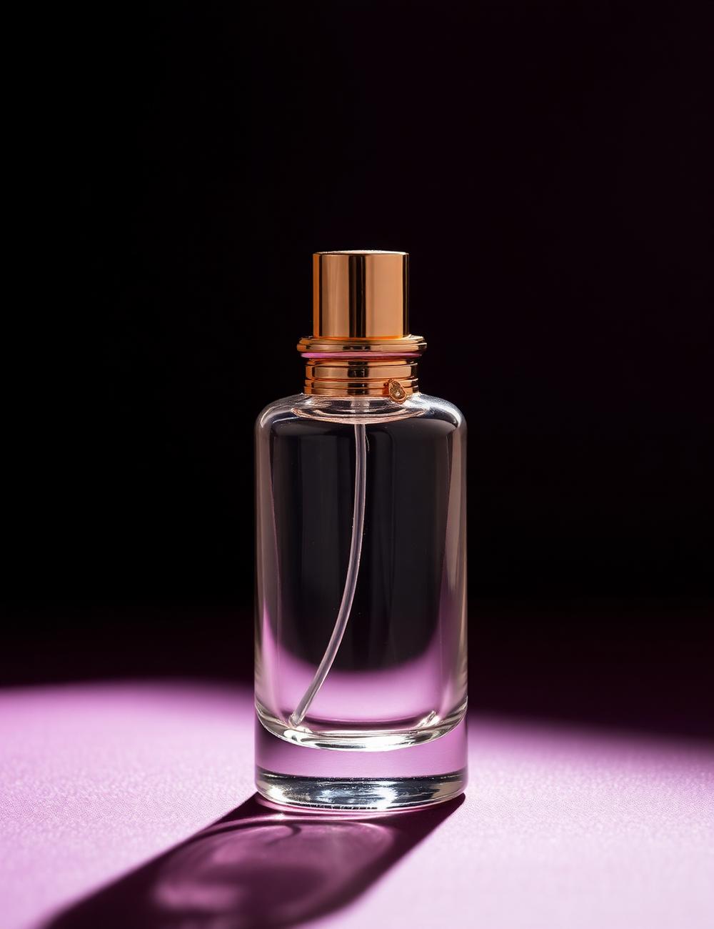 Frasco de perfume em vidro sobre fundo escuro
